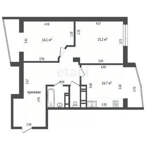 2-к квартира, вторичка, 72м2, 9/13 этаж