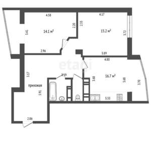 2-к квартира, вторичка, 72м2, 9/13 этаж