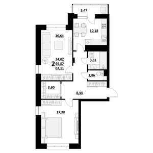 2-к квартира, строящийся дом, 67м2, 6/9 этаж
