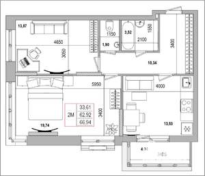 2-к квартира, вторичка, 67м2, 12/16 этаж