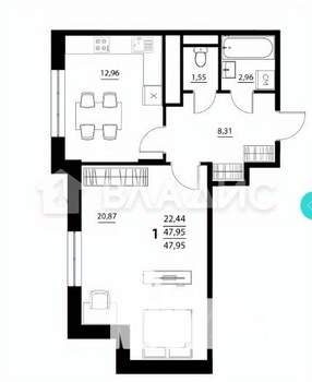 1-к квартира, вторичка, 48м2, 5/9 этаж