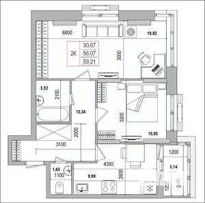 2-к квартира, вторичка, 59м2, 8/16 этаж