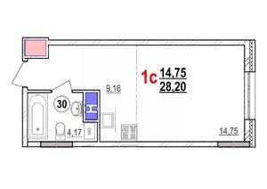 1-к квартира, строящийся дом, 28м2, 13/18 этаж