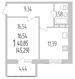 1-к квартира, строящийся дом, 45м2, 3/9 этаж