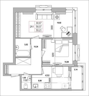 2-к квартира, вторичка, 59м2, 3/16 этаж