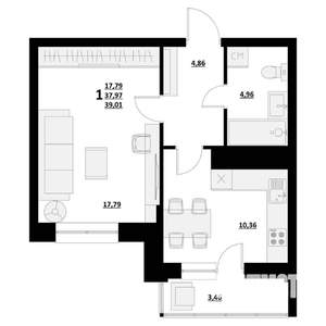 1-к квартира, строящийся дом, 40м2, 1/9 этаж