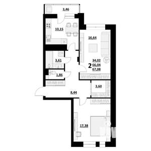 2-к квартира, строящийся дом, 67м2, 2/9 этаж