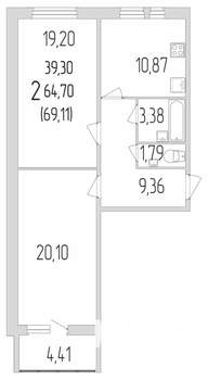 2-к квартира, вторичка, 69м2, 1/9 этаж