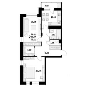 2-к квартира, строящийся дом, 68м2, 1/9 этаж