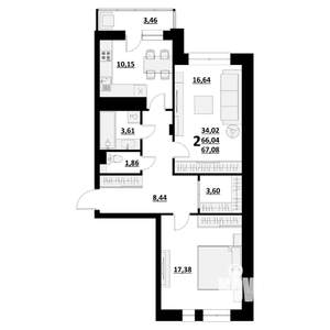 2-к квартира, строящийся дом, 67м2, 7/9 этаж