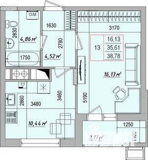 1-к квартира, строящийся дом, 39м2, 9/9 этаж