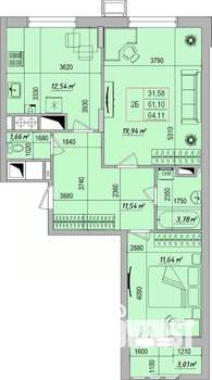 2-к квартира, строящийся дом, 64м2, 8/9 этаж