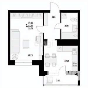 1-к квартира, вторичка, 39м2, 5/9 этаж