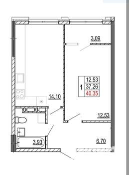 1-к квартира, вторичка, 40м2, 6/14 этаж