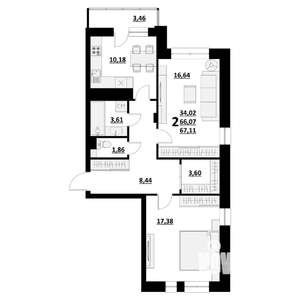 2-к квартира, строящийся дом, 67м2, 7/9 этаж